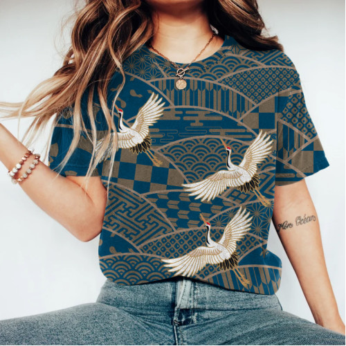 Japanese Ukiyoe Flying Crane Print T-Shirt