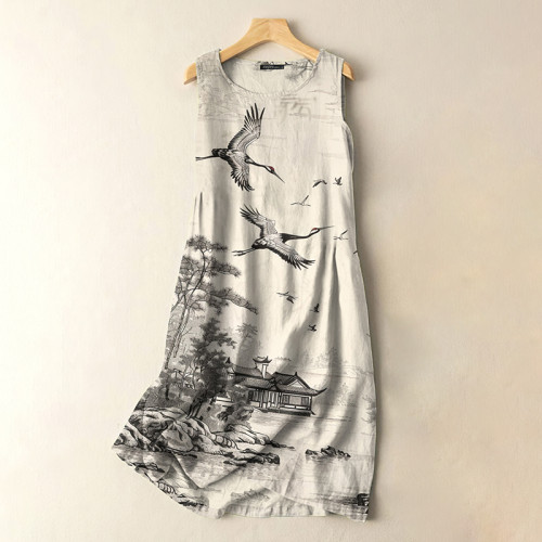 Japanese Vintage Crane Landscape Print Sleeveless Cotton And Linen Midi Dress