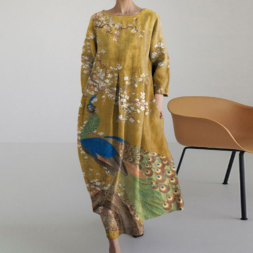 Japanese Vintage Floral Peacock Art Long Sleeve Midi Dress