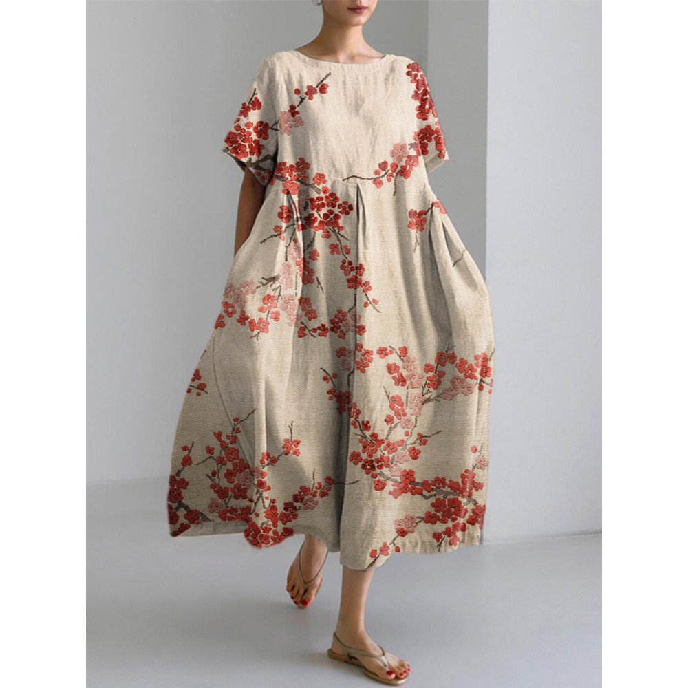 Japanese Vintage Flower Print Linen Blend Dress