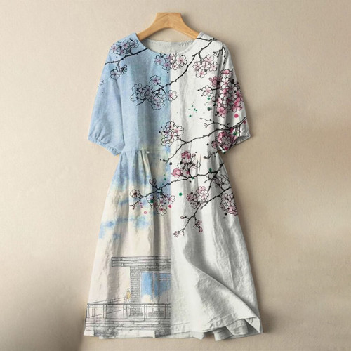 Japanese Watercolor Floral Splicing Print Cotton Linen Blend Midi Dress