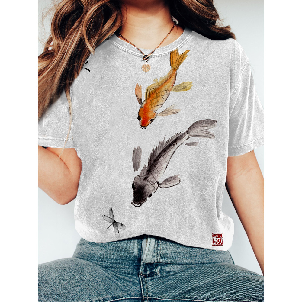 Japanese Watercolor Koi & Dragonfly Art Washed T Shirt