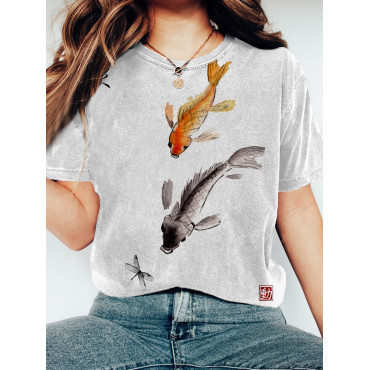Japanese Watercolor Koi & Dragonfly Art Washed T Shirt