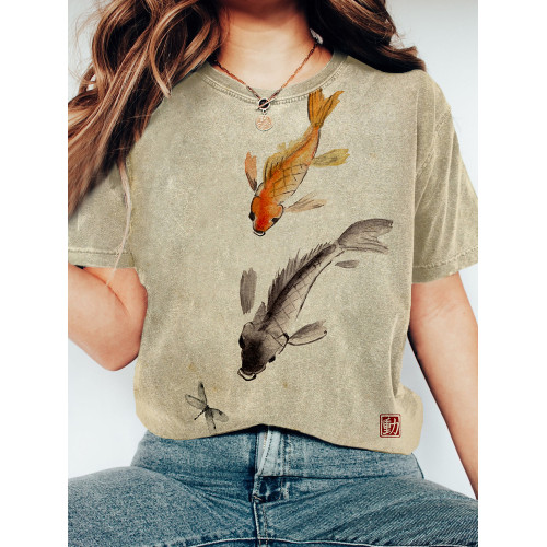Japanese Watercolor Koi & Dragonfly Art Washed T Shirt