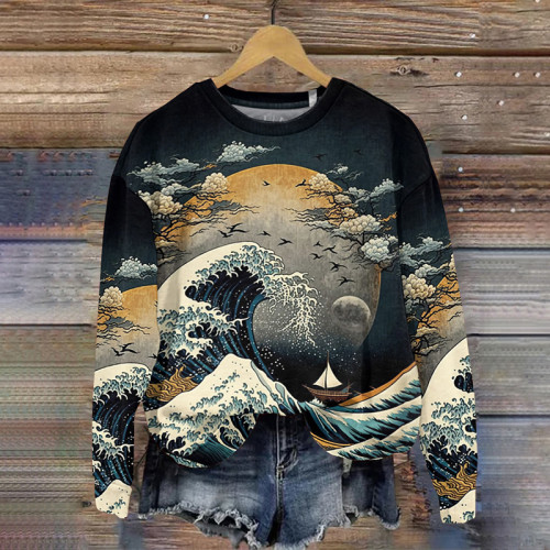 Japanese Wave Art Print Crew Neck Sweatshirt