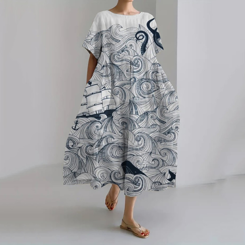 Japanese Wave Art Print Short Sleeve Midi Dress