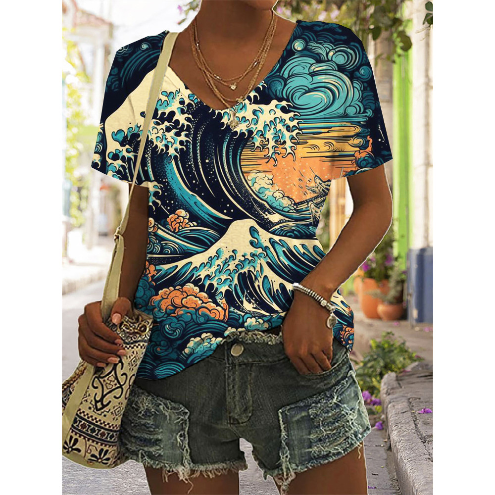 Japanese Wave Inspired Graphic V Neck Comfy T Shirt