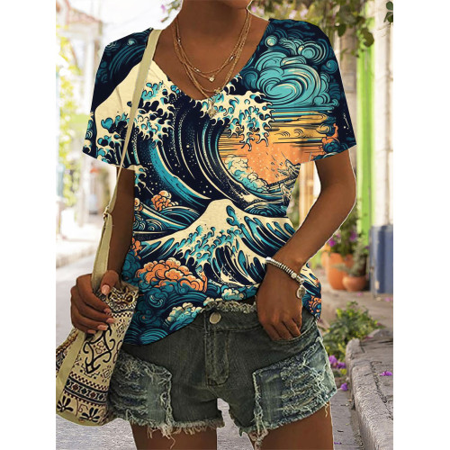 Japanese Wave Inspired Graphic V Neck Comfy T Shirt
