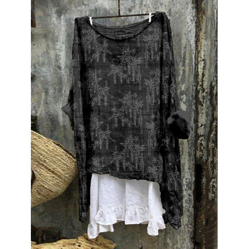 Japanese Wisteria Sashiko Art Linen Blend Flowy Tunic
