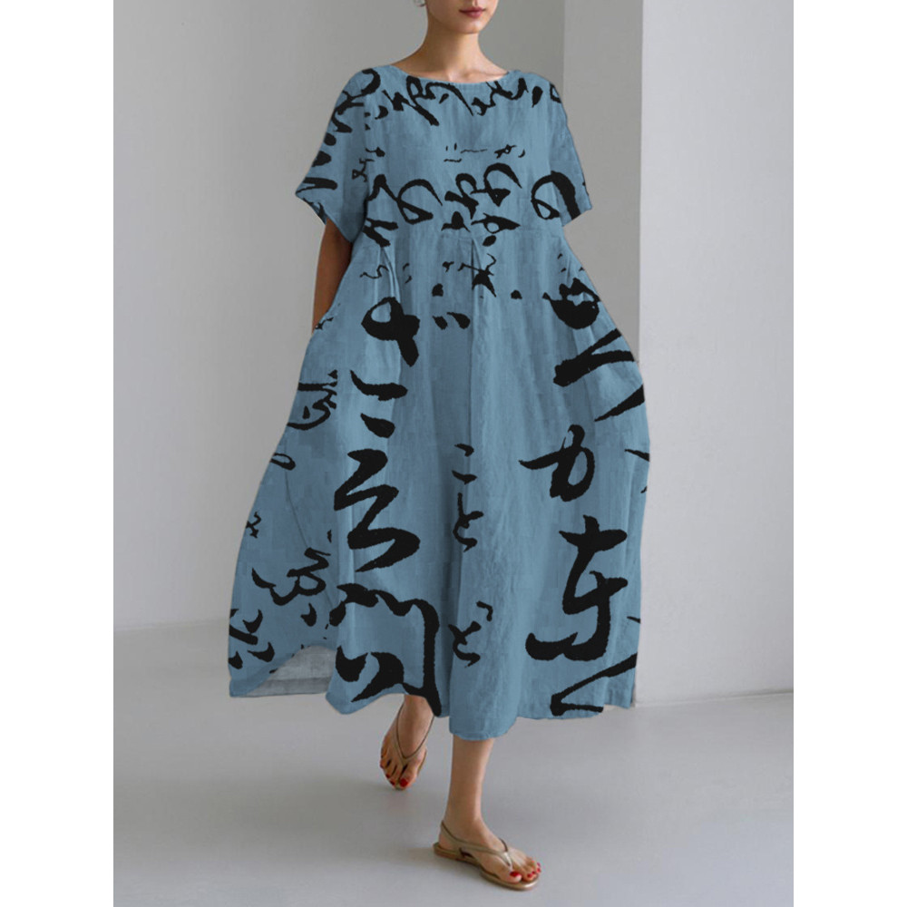 Japanese Word Art Print Linen Blend Maxi Dress