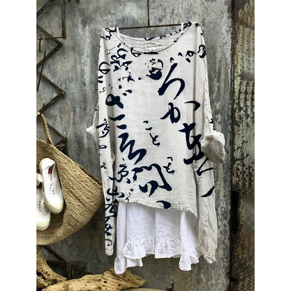 Japanese Word Art Print Linen Blend Tunic