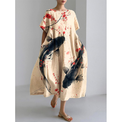 Koi Carp Japanese Art Linen Blend Casual Dress