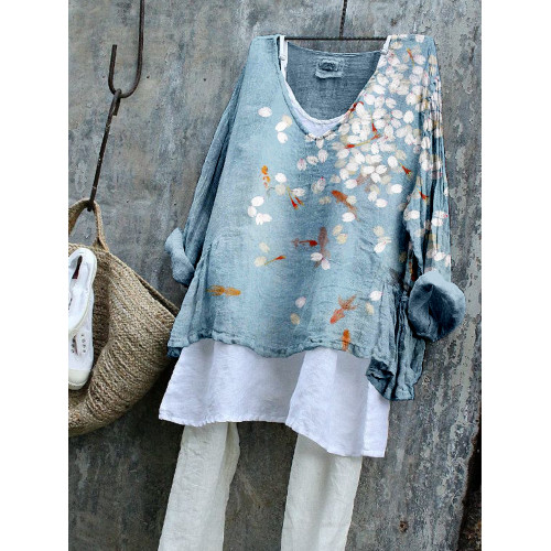 Koi and Sakura Art Linen Blend Cozy Flowy Tunic