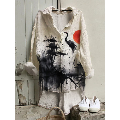 Landscape & Crane Japanese Art Print Linen Long Shirt