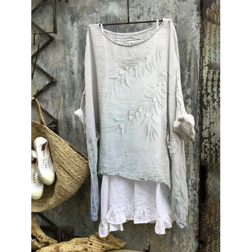 Leaf Embossed Art Print Linen Blend Tunic