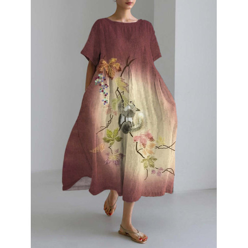 Leaf & Squirrel Embroidered Linen Blend Maxi Dress