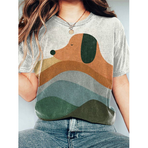 Lively Dachshund Print Casual Cotton T-Shirt