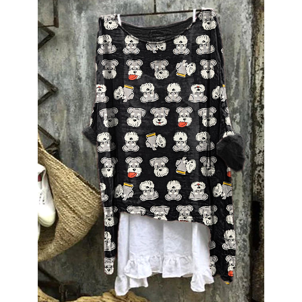 Lively Schnauzer Dog Print Linen Blend Vintage Shirt