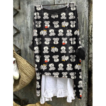 Lively Schnauzer Dog Print Linen Blend Vintage Shirt