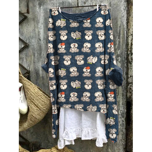 Lively Schnauzer Dog Print Linen Blend Vintage Shirt