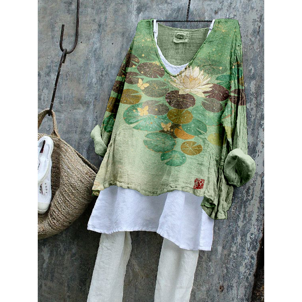 Lotus Flower Japanese Art Linen Blend Flowy Tunic