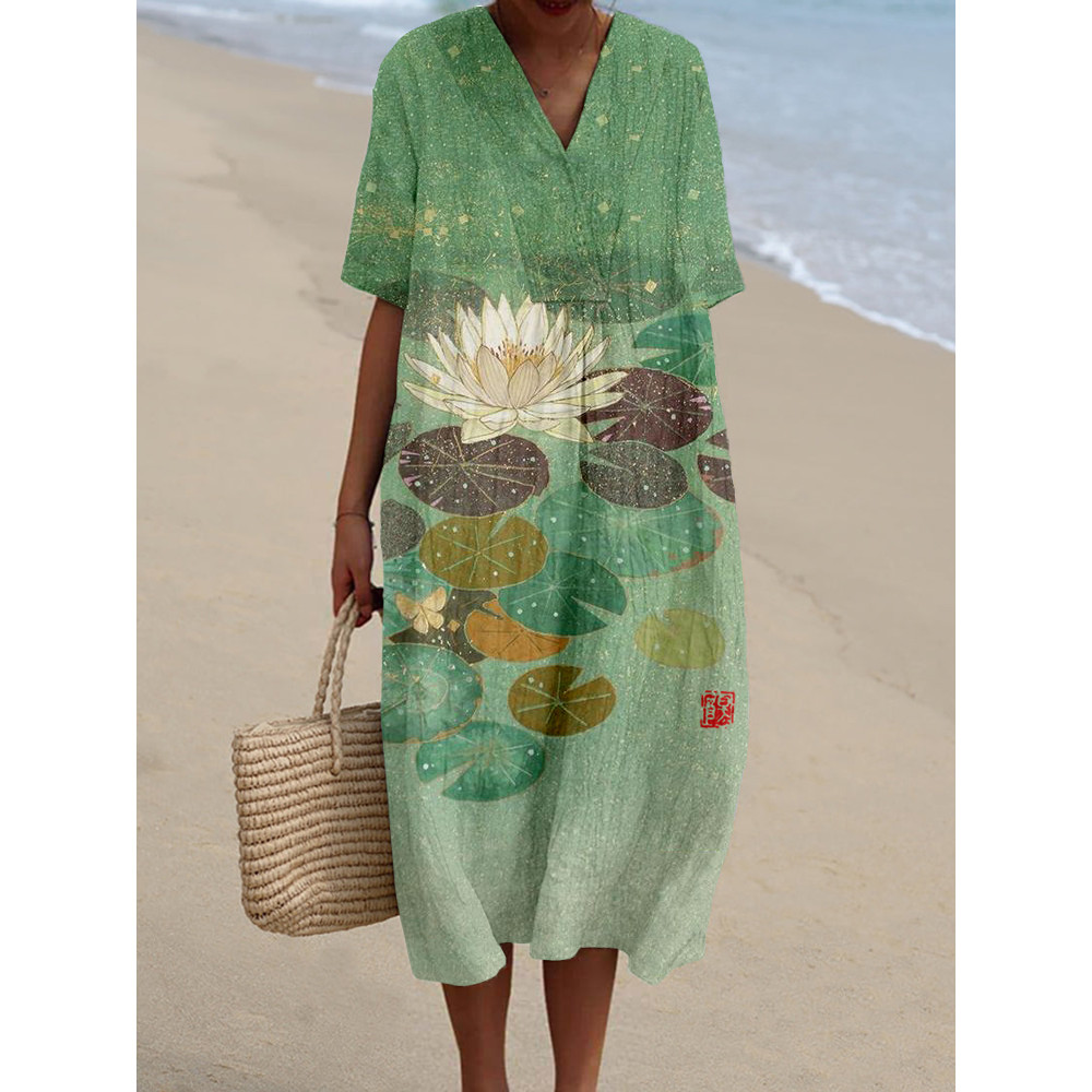 Lotus Flower Japanese Art Linen Blend Midi Dress