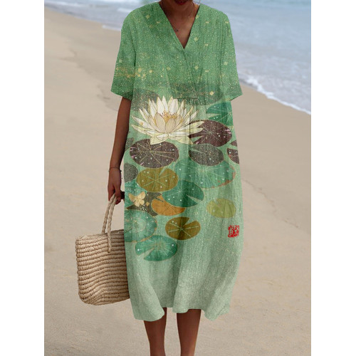 Lotus Flower Japanese Art Linen Blend Midi Dress