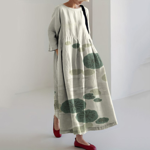Lotus Leaf Art Print Loose Midi Dress