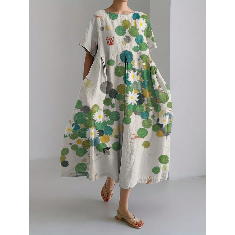 Lotus Pond Japanese Art Linen Blend Maxi Dress