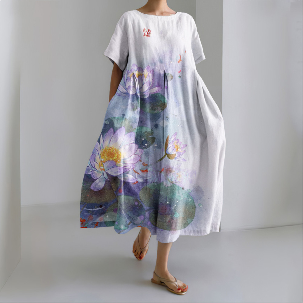 Lotus Print Round Neck Short Sleeve Midi Dress