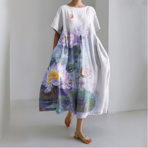 Lotus Print Round Neck Short Sleeve Midi Dress