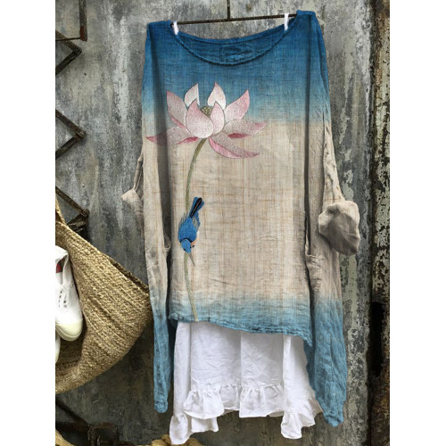 Lotus & Bird Embroidery Gradient Japanese Linen Blend Tunic