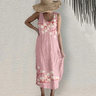 Magnolia Flower Print Sleeveless Linen Blend Midi Dress