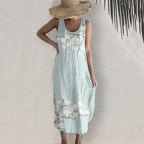 Magnolia Flower Print Sleeveless Linen Blend Midi Dress