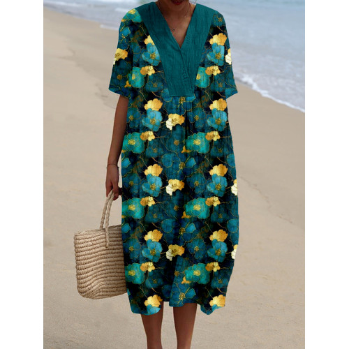 Majestic Teal and Gold Japanese Floral Art Midi Dress