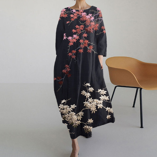 Maple Leaf Color Block Print Linen Blend Midi Dress