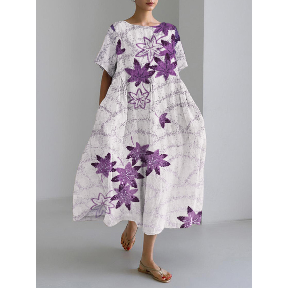 Maple Leaf & Wave Pattern Japanese Art Linen Blend Maxi Dress