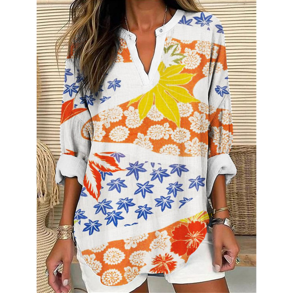Maple Leaves Floral Japanese Art Linen Blend Tunic