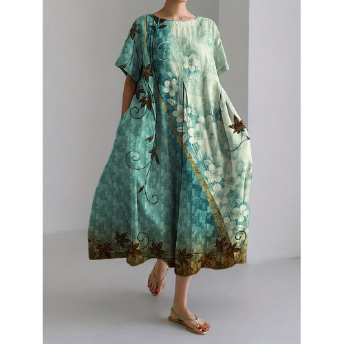 Maple Leaves Floral Japanese Pattern Linen Blend Maxi Dress