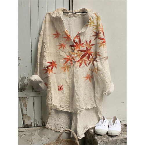 Maple Leaves Japanese Art High Low Linen Blend Tunic
