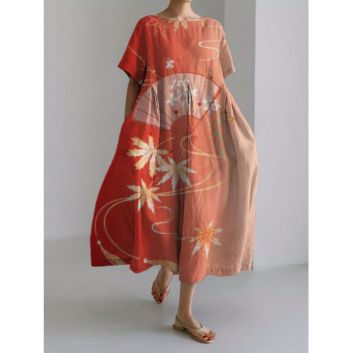 Maple Leaves & Fan Gradient Japanese Art Linen Blend Maxi Dress
