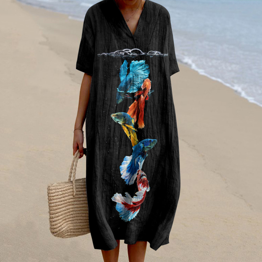 Marine Animal Fish Casual V-Neck Dress