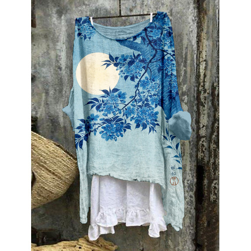 Moonlit Night Cherry Blossoms Japanese Art Linen Blend Tunic