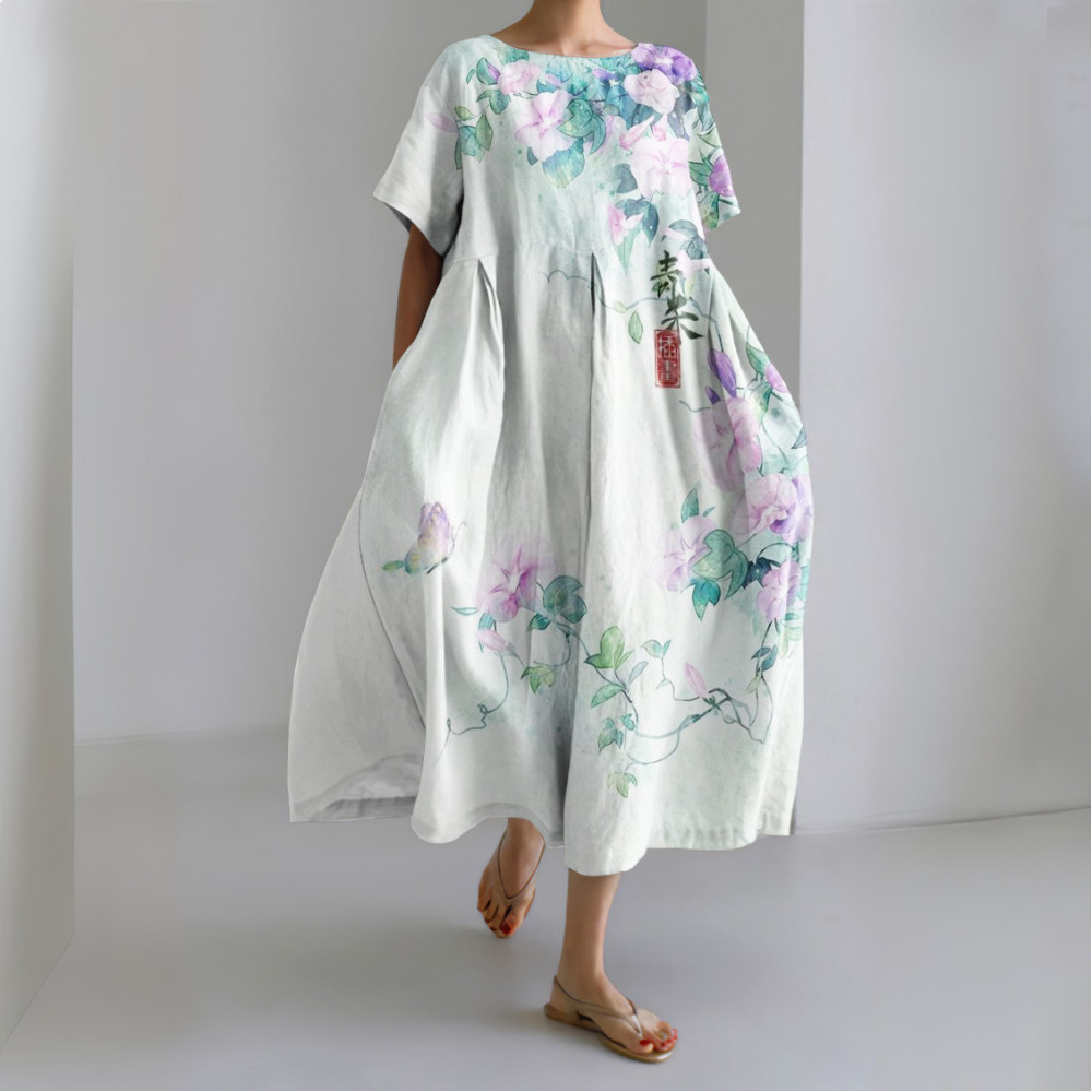 Morning Glory Print Crew Neck Loose Midi Dress