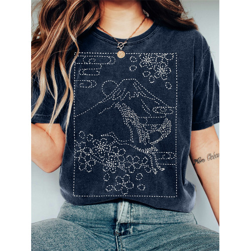 Mount Fuji Cherry Blossom & Crane Japanese Art T Shirt