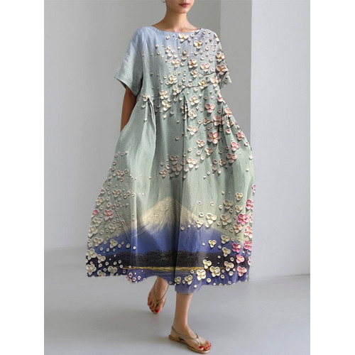 Mount Fuji & Cherry Blossoms Oil Painting Art Print Linen Dress