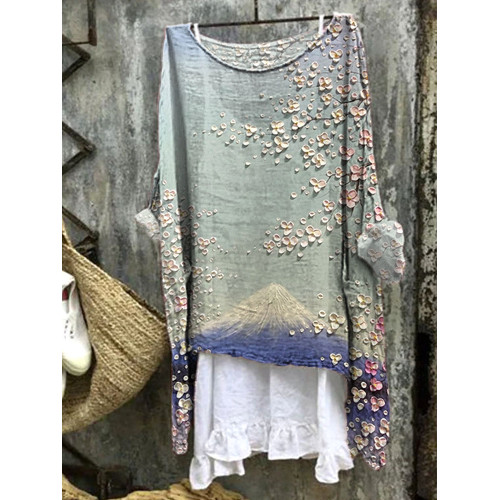 Mount Fuji & Cherry Blossoms Oil Painting Art Print Linen Shirt