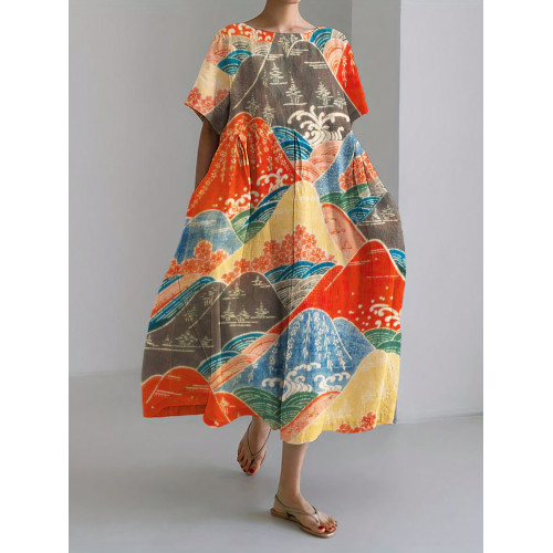 Mountains Landscape Floral Japanese Pattern Linen Blend Maxi Dress