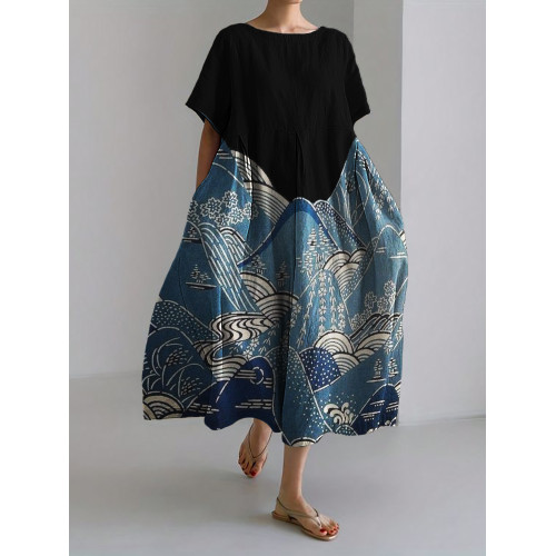 Mountains Landscape Japanese Art Linen Blend Maxi Dress
