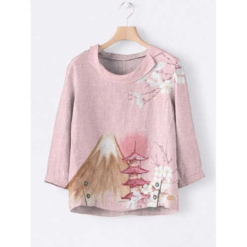 Mt. Fuji & Cherry Blossom Japanese Print Linen Lapel Shirt